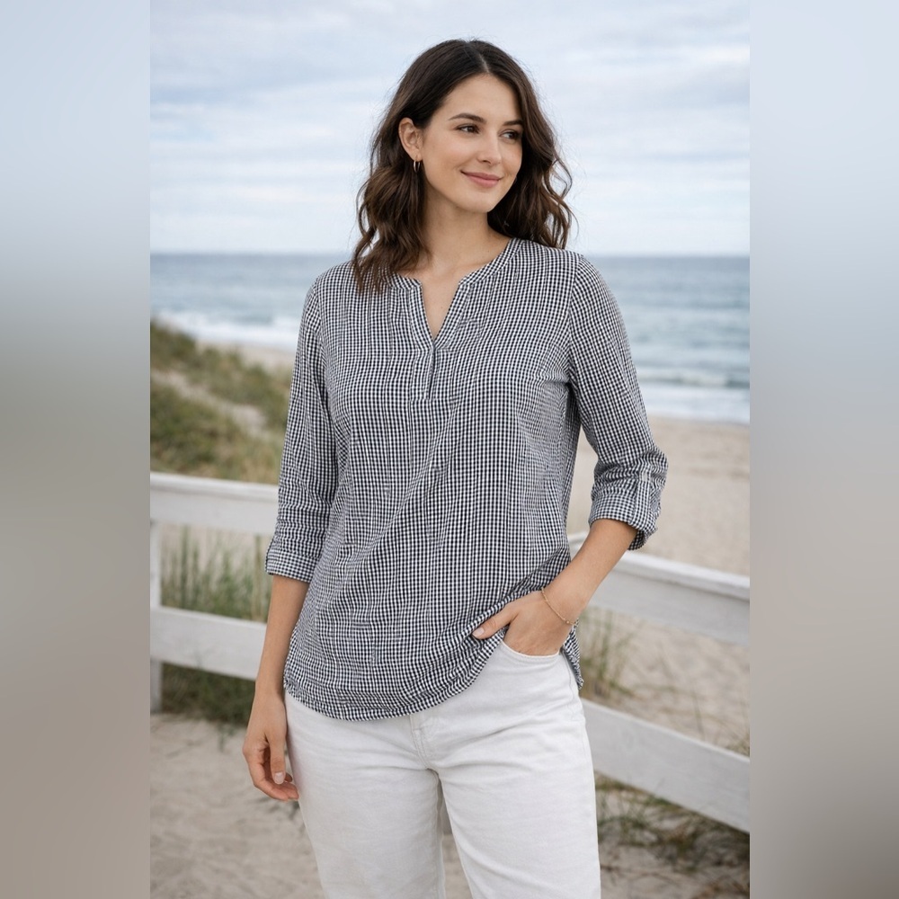 Talbots Women’s Black White Gingham Pullover Top Long Sleeve Size S Classic